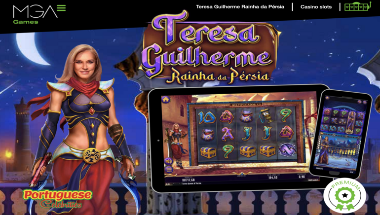 Screenshot da slot Teresa Guilherme e logo da MGA Games